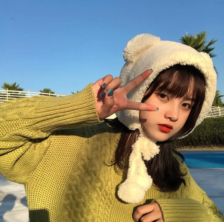 Winter Cute Bear Ears Warm Hat Women Beanies Windproof Cap Student Women Add Wool Cap Female Hat Present 4