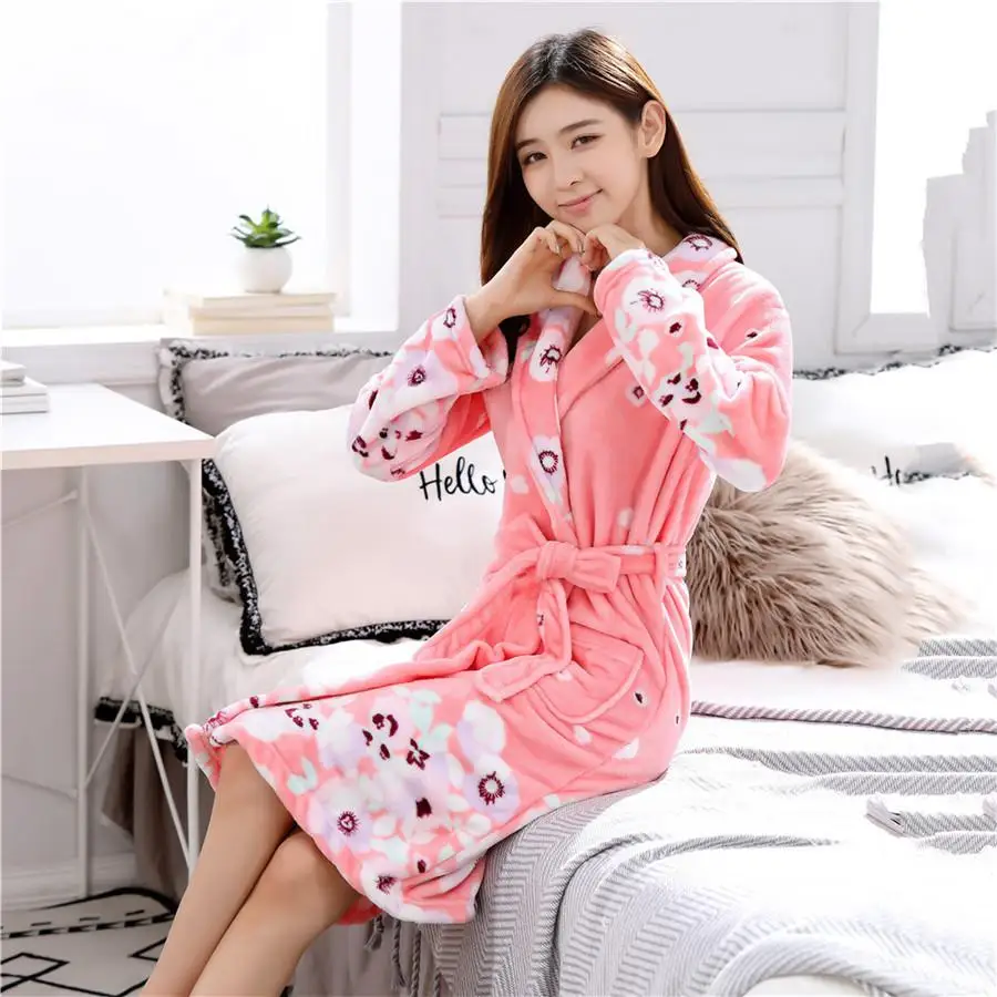 Ночное белье повседневное Фланелевое женское Халат коралловый флис теплое зимнее кимоно платье пижамы Толстая Домашняя одежда Карманный ремень пижамы - Color: Pink H
