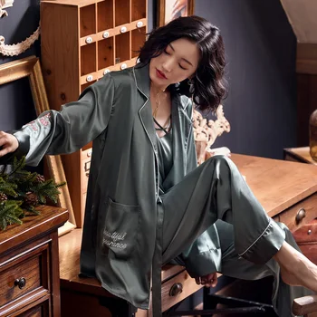 

hree-piece Pajama Female Spring and Autumn Thin Style Ice Silk Sexy Condole Belt Imitation Silk Summer Temperament Socialite