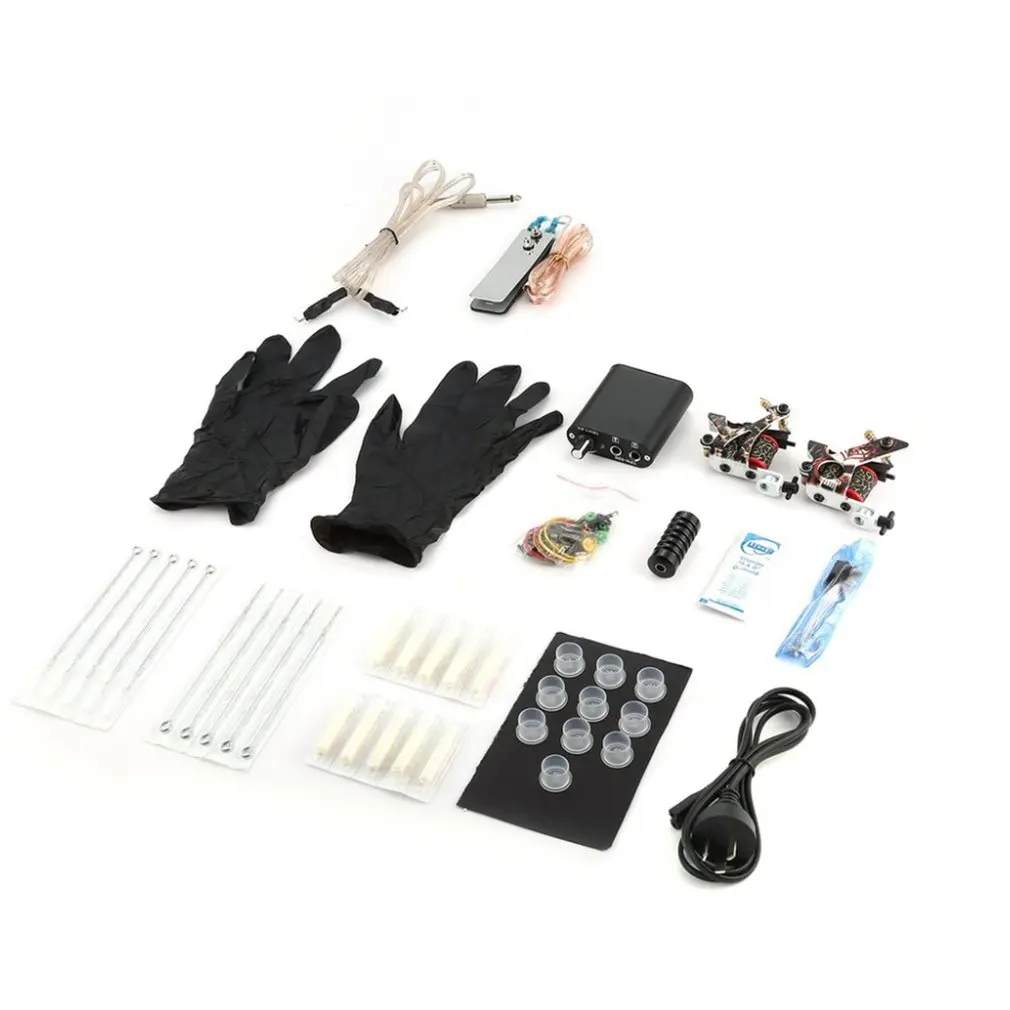 

Complete Beginner Tattoo Kit 2 Pro Machine Inks Power Supply Needle Grips Tips Tatto Accessories Basic Set Tattoo Machine
