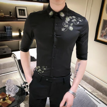 

2020 NEW Tuxedo Shirts Men Half Sleeve Casual Dress Shirts Embroidery Flowers Night Club Party Streetwear Social Blouse Homme