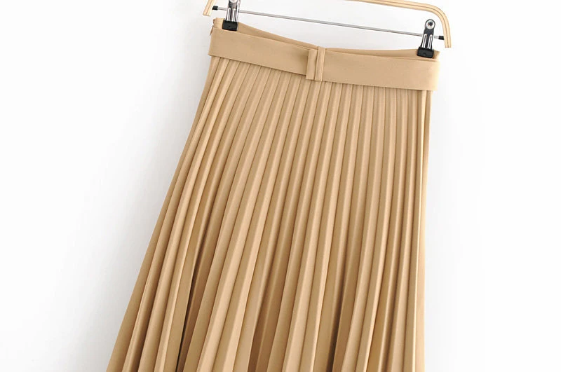 Solid Pleated Loose Skirt Sashes Mid Calf Skirts Womens High Waist Vintage Faldas Spring Autumn Pure High Quality Jupe Femme