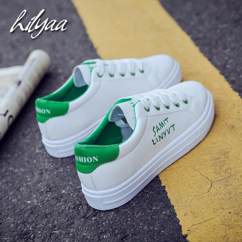 

2020 New Women White Shoes PU Lace-up Female Sneaker Tenis Feminino Solid Trainers Running Flats Casual Green Sneakers For Women