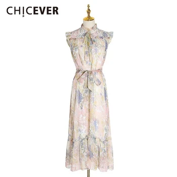 

CHICEVER Print Patchwork Ruffles Dress Women Stand Collar Sleeveless High Waist Lace Up Dresses Female 2020 Fashion Clothing