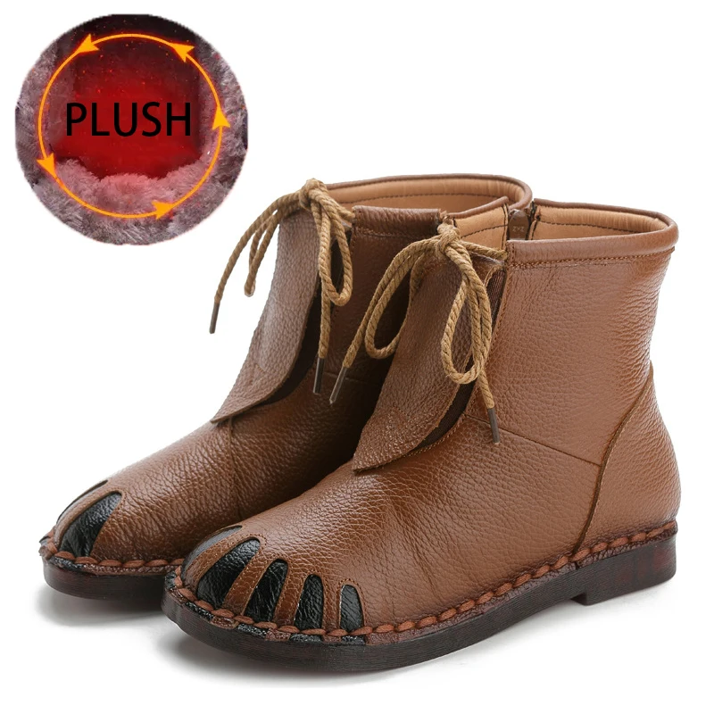 Plush Brown Модные ботильоны из натуральной кожи на шнуровке на плоской подошве; сезон весна-осень-зима; винтажная Женская прогулочная обувь; женские зимние ботинки ручной работы - Цвет: Plush Brown