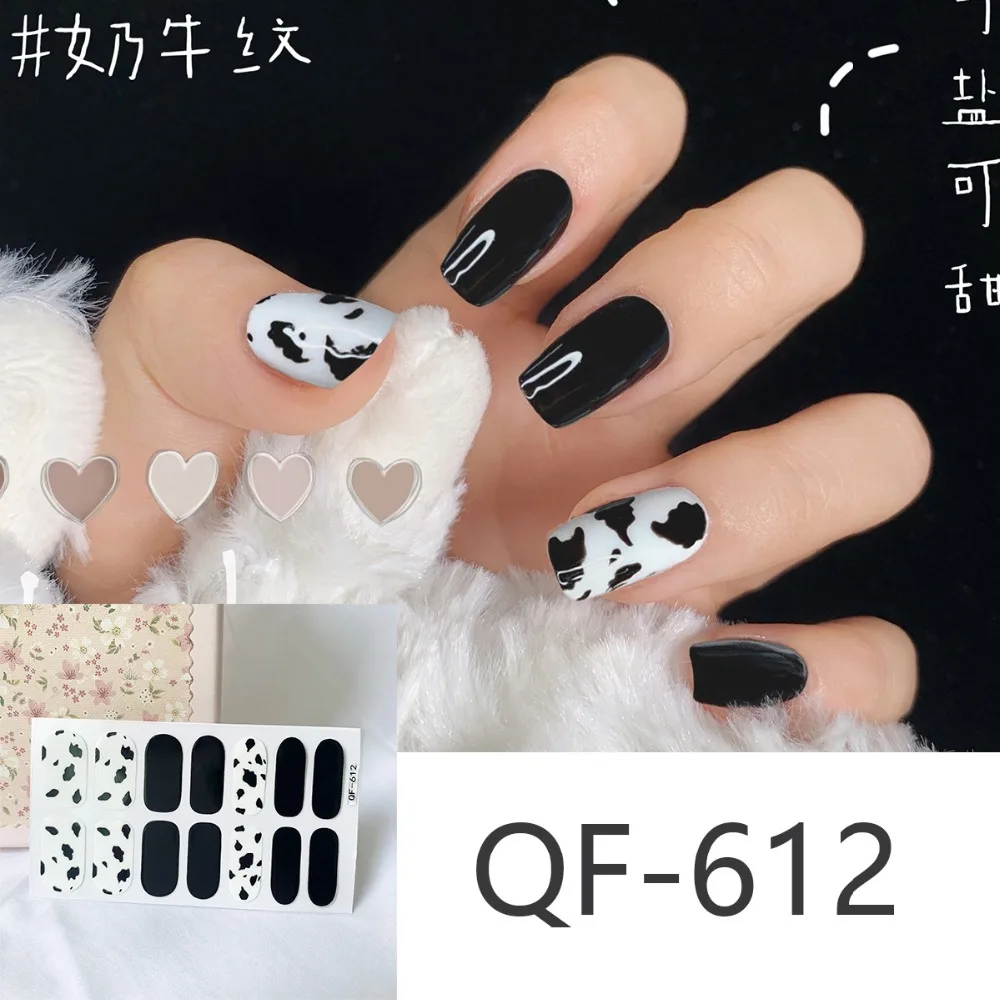 14tips/sheet Milk Heart Nail Wraps Polish Decals Strips Jump Cross Color Glitter 3D Adhesive Full Nail Art Stickers Matte Nails