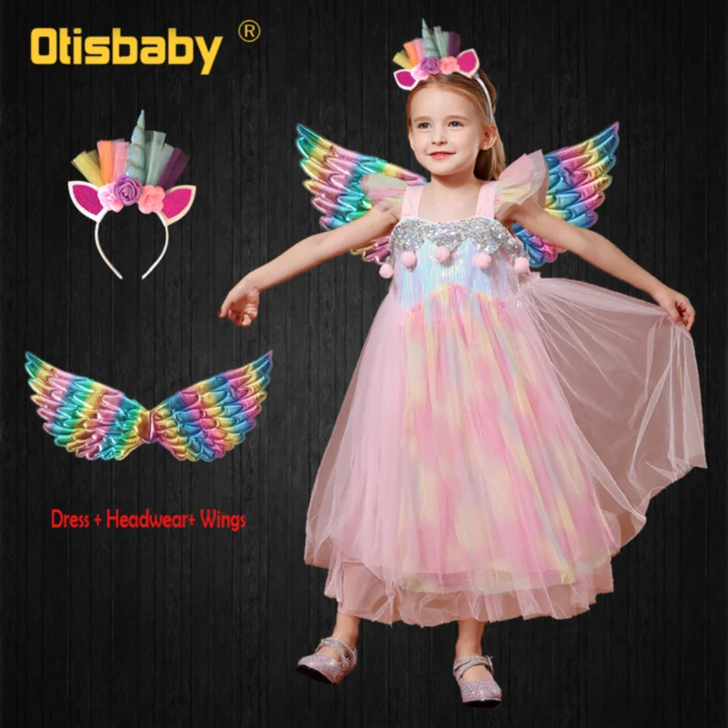 C Комплект из 3 предметов для девочек; Радужное платье с единорогом; Bebe; Розовая Одежда с лошадью; Детский костюм радужной пони на Хэллоуин; платье для дня рождения для маленьких девочек - Цвет: C