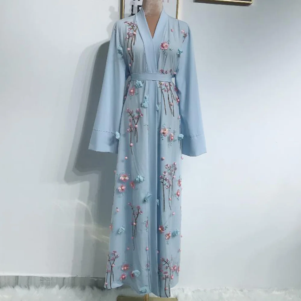 Blue Abaya Розовые; с вышивкой; платье с цветочным рисунком Для женщин мусульманский Абаи платье dubai длинный рукав кимоно, кардиган, Абаи s Исламская Костюмы кафтан платье - Цвет: Blue Abaya