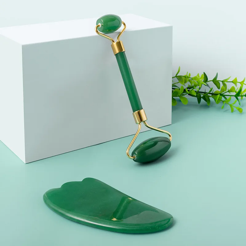 

Green Roller and Gua Sha Tools Set by Natural Jade Scraper For Face with Massager Neck Back and Jawline Stones