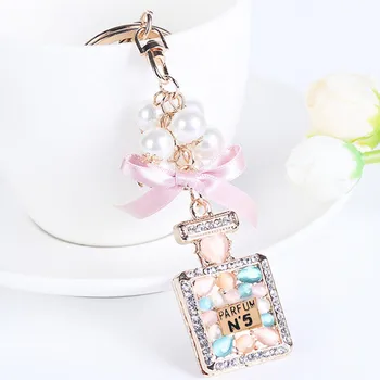 

High Quality Women Keychain Fashion Jewelry Bag Charm Rhinestone Opals Keyring Key Holder Creative Perfume Bottle Key Chain Ring