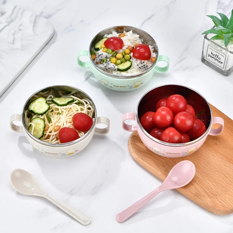 

1PC Double Ear Baby Feeding Bowl Stainless Steel Cartoon Anti falling Thermal Food Set Double Layer Bowl With Cover Spoon