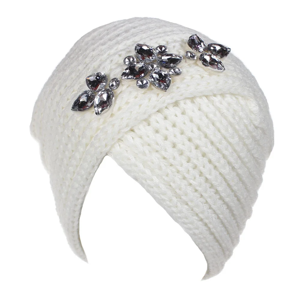 Женская зимняя теплая вязаная шапка-капот мусульманский хиджаб с кристаллами, кашемировый кроссовер, тюрбан, индийский головной убор, обертывание головы, turbantes mujer