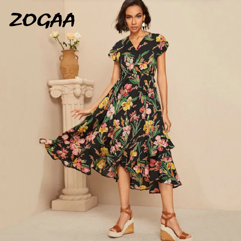 Женское платье с цветочным принтом ZOGAA Пляжное длинное оборками и v-образным