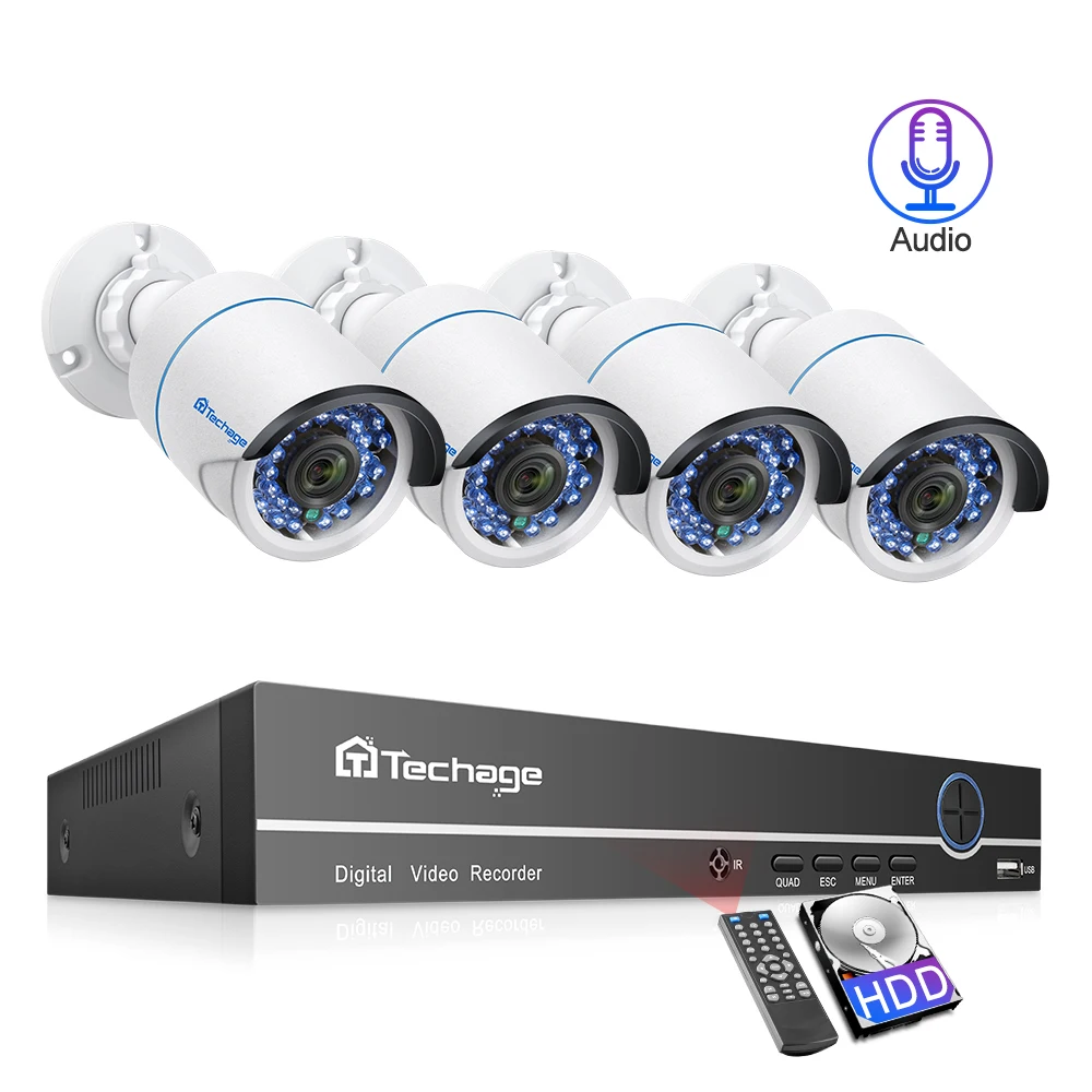 Techage 4CH 1080P 48V POE NVR CCTV система безопасности 2MP аудио IP камера наружного ИК ночного