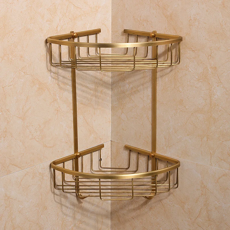 Antique Brass Настенная угловая полка для кухни С ДВОЙНЫМ ЯРУСОМ для хранения душа - Цвет: Antique Brass