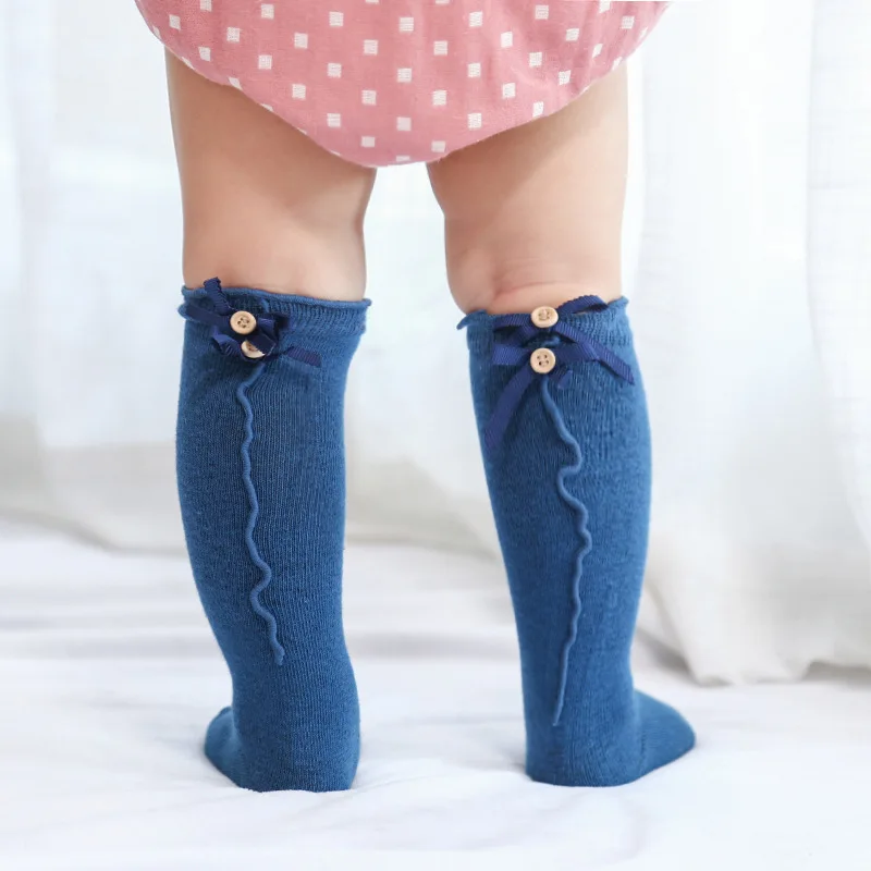 Navy Blue 1 пара носков для малышей нескользящие носки в испанском стиле для новорожденных девочек; сезон осень-зима; яркие хлопковые детские гольфы с бантом и кружевом - Цвет: Navy Blue