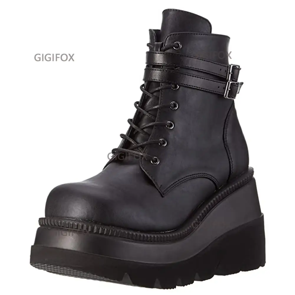 GIGIFOX Brand Fashion Gothic Big Size 43 High Heels Black Back Zipper Ankle Platform Boots Street Cool Woman Wedges Shoes 