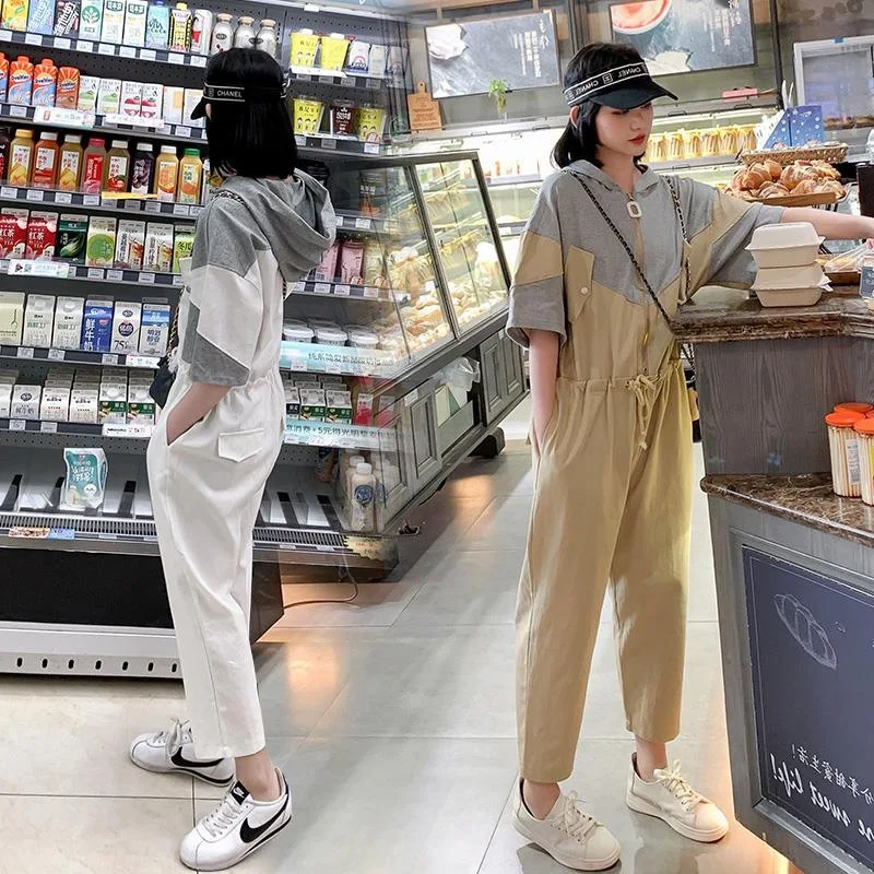 

Photo Shoot Funeral of Clothes Laziness-Style Khaki Joint Hooded Drawstring Waist Hugging BF Cargo Overalls Smell GIRL'S