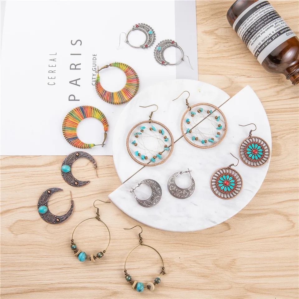 Ethnic Bohemian Vintage Retro Big Round Circle Drop Earrings Resin Stones Crystal Handmade Earrings for Women Statement Jewelry (6)
