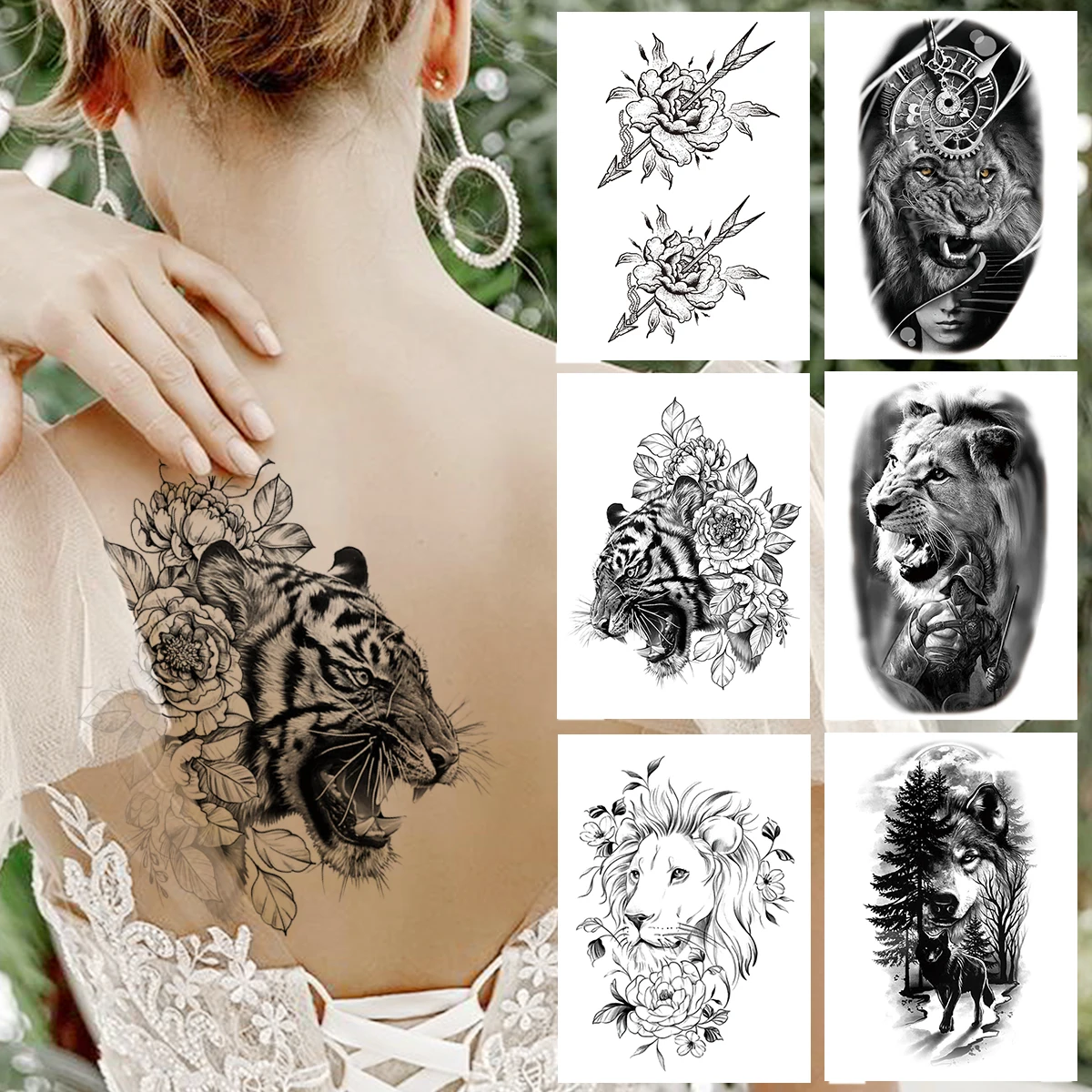 

Waterproof Tiger Flower Temporary Tattoos For Women Men Adult Kids Lion Forest Wolf Tattoo Sticker Black Fake Compass Tatto Back