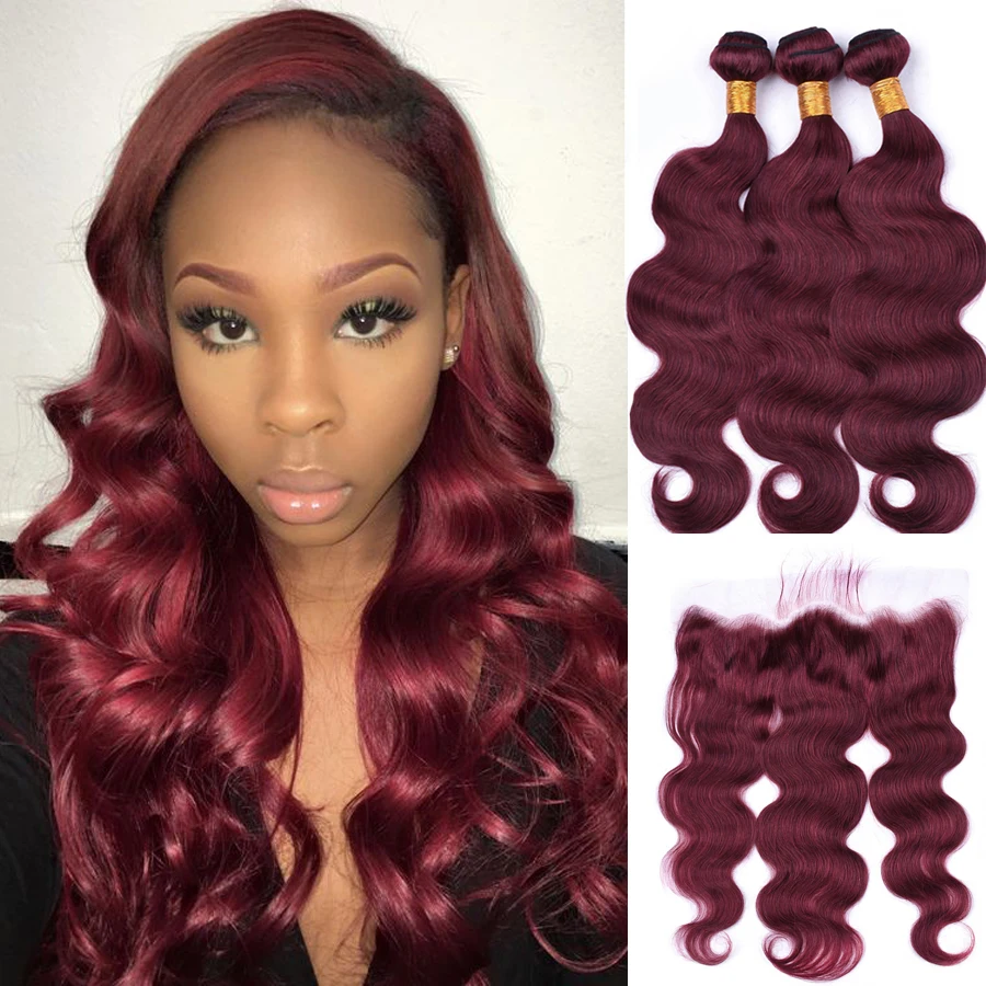 

99J Human Hair Bundles With Frontal Closure 13*4 Remy Red Color Brazilian Body Wave Human Hair Weave Bundles With Closure