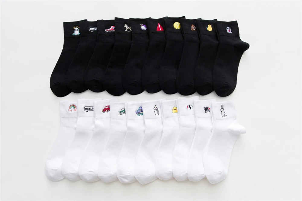 Women Socks Autumn Winter New Cotton Embroidery Cartoon Black White Tube Ladies College Wind Personality Casual Sports Sock