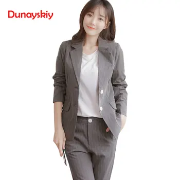 

Women Striped Pant Suits 2020 Spring New office Lady Work Professional Suit + Nine Pants Two Sets Women Single Button Decor