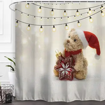 

Christmas Shower Curtain Santa Teddy Bear Wear Red Hat with Lights in White Snow Christmas Season Kids Nursery Theme Bathroom