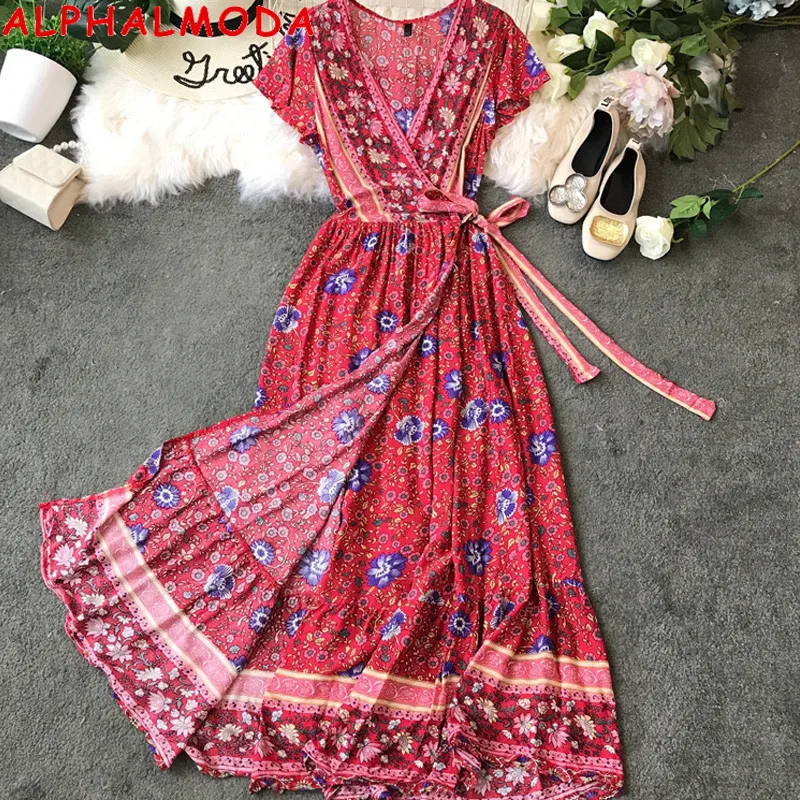 Женское платье с запахом ALPHALMODA пляжное цветочным принтом повседневное длинное в