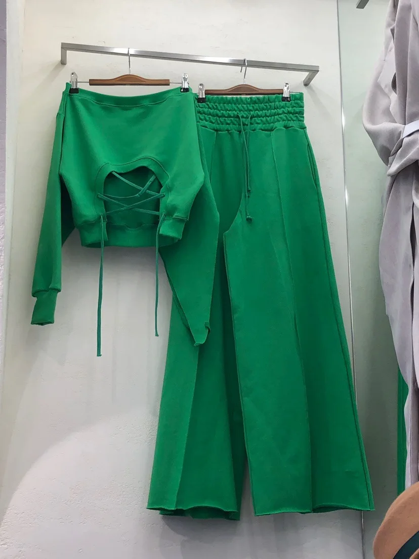 

Two Piece Set Women's Long Pants Set Spring Autumn New Style Bandage Cloth Hoodie + High-waisted Wide-Leg Trousers Students Sets