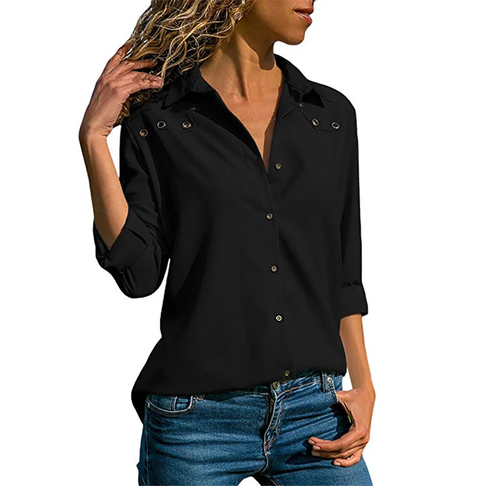 Yming/Женская офисная блуза с длинными рукавами, повседневные женские топы на пуговицах, женские блузы с отложным воротником, шифоновые блузки, Однотонная рубашка, туника