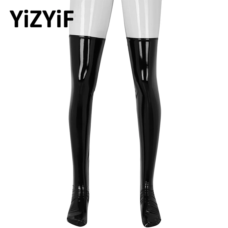 Wetlook Stockings Mens Anti-skid Soft Elasticity Patent Leather Thigh High Footed Stockings Clubwear Costume Cosplay Accessory