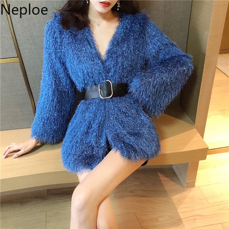 Neploe, кардиган с кисточками, куртка, сексуальный женский, Осеннее, тонкое пальто, новинка, корейский стиль, длинный рукав, v-образный вырез, открытая стежка, верхняя одежда с поясом 55569