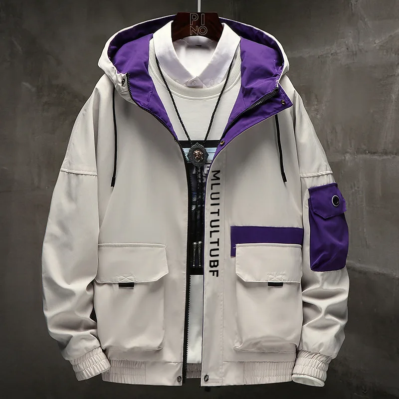 

19 Autumn Hong Kong Style Men Hooded Workwear Jacket New Style Loose And Plus-sized Contrast Color Joint Casual Coat Men's