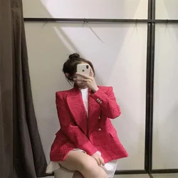 Frete rápido feminino turn down collar manga longa dupla peitoral treliça magro blazer outono femme elegante senhoras de escritório casaco