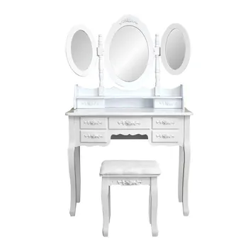 

Fashionable Dressing Table Foldable 3 Mirrors with 7 Drawers Dressing Table MDF White Dresser Dressing Stool Engraving Patterns