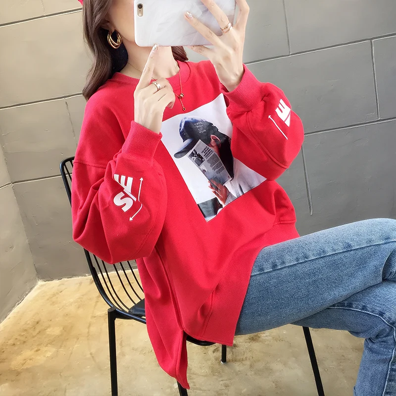 

Red Trendy Oversized Sweatshirt Women's Harajuku Printing Pockets Long-sleeved 2019 Autumn Winter Loose Pullovers Yellow Hoodies