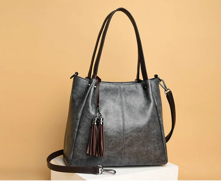 Большая винтажная сумка через плечо, женская сумка из натуральной кожи, женская сумка с кисточками, большая повседневная женская сумка, Женская коричневая серая черная сумка