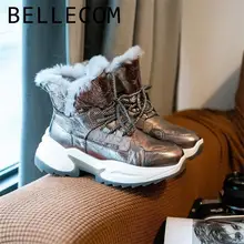 BELLECOM/зимние ботинки для женщин; коллекция года; короткие канистры из натуральной кожи, увеличивающие рост; нескользящая женская обувь с хлопчатобумажными стельками