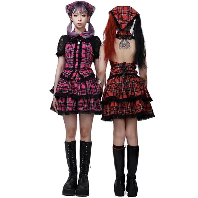 Japanese Harajuku Girls Red Plaid Two Layers Cake Skirt Punk Sweet Kawaii Lolita Ball Gown Pleated Mini Skirts Cosplay Suit