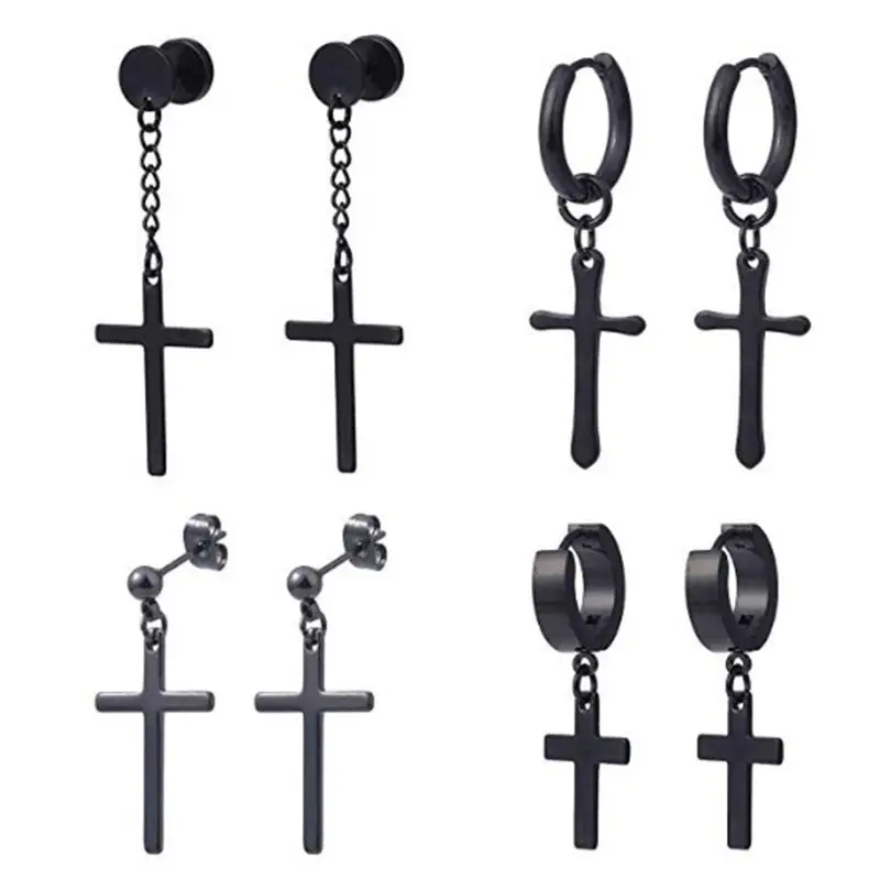 

4 Pair/set Fashion Stainless Steel Earrings Men Women Cross Pendant Ear Stud Sets Hip Hop Teens Couples Earring Jewelry