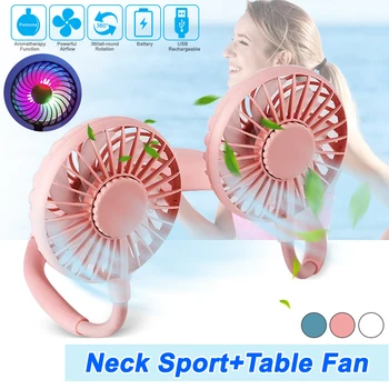 

Neck Fan Aromatherapy Lighting Neck Cooler Hand Free Neckband Fan USB Rechargeable Dual Fan Mini Summer Table Fan