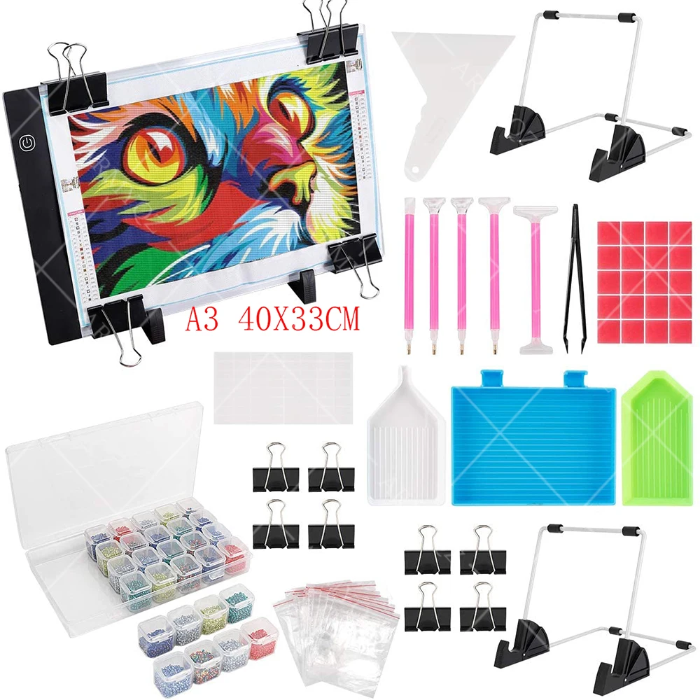 

New Diamond Painting Cross Stitch Tool Set A3 LED Light Pad, Pen, Tweezers, Clay, Tray, Roller and Diamond Embroidery Accessorie