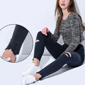 

Plus Size M-4XL Jeans Summer Hole Ripped Women Jeggings Cool Denim High Waist Skinny Jeans Pants Pencil Trousers Black