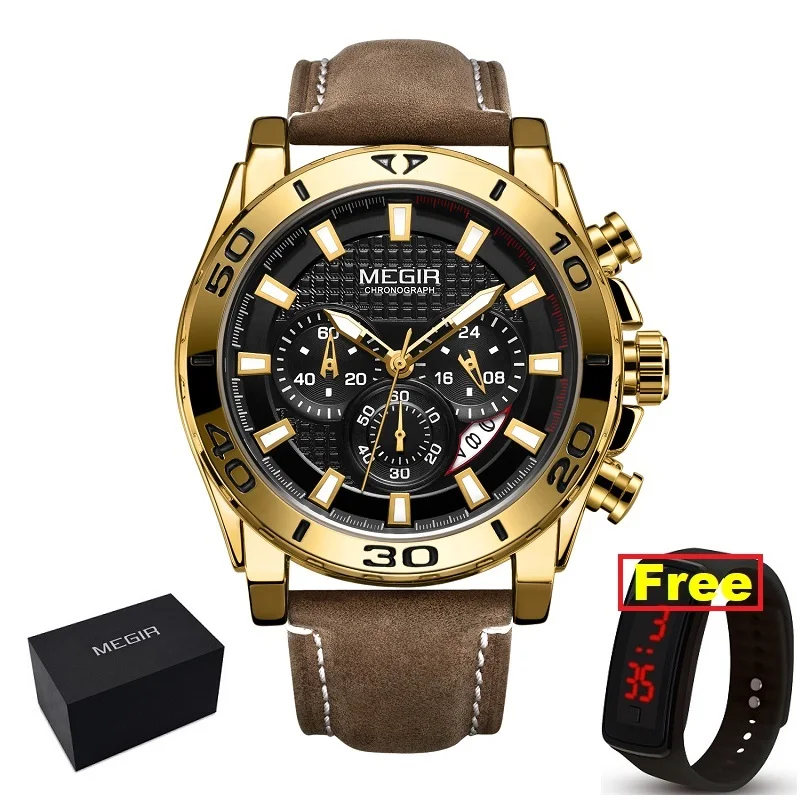 Relojes MEGIR часы мужские модные спортивные кварцевые мужские часы, наручные часы лучший бренд класса люкс водонепроницаемые часы Relogio Masculino - Цвет: gold-box and gift