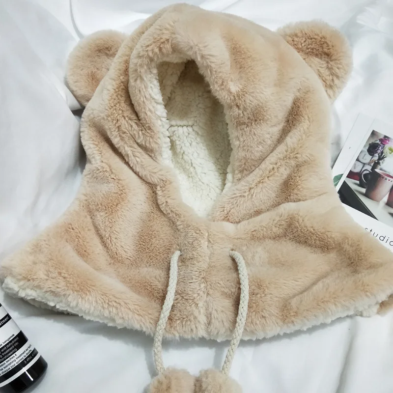 beige cap Зимний костюм двойного назначения, женские плюшевые бархатные головные уборы с защитой шеи, шапка с капюшоном, шарф, шапка, комплект из одного предмета, Детская шапка-бомбер для девочек - Цвет: beige cap