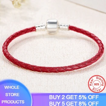

Luxury Brand Fit Original Beads Charms Bracelet Genuine Red Leather Basic Chain Bangle With Solid Silver Clasp Women Pulsera