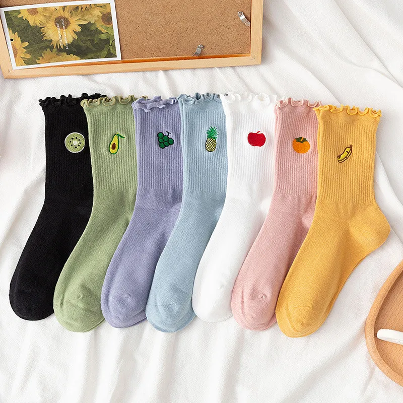 

New Ruffled Cute Women Socks Cartoon Embroidery Fruit Avocado Banana Grape Strawberry Lemon Pineapple Autumn Fashion Socks