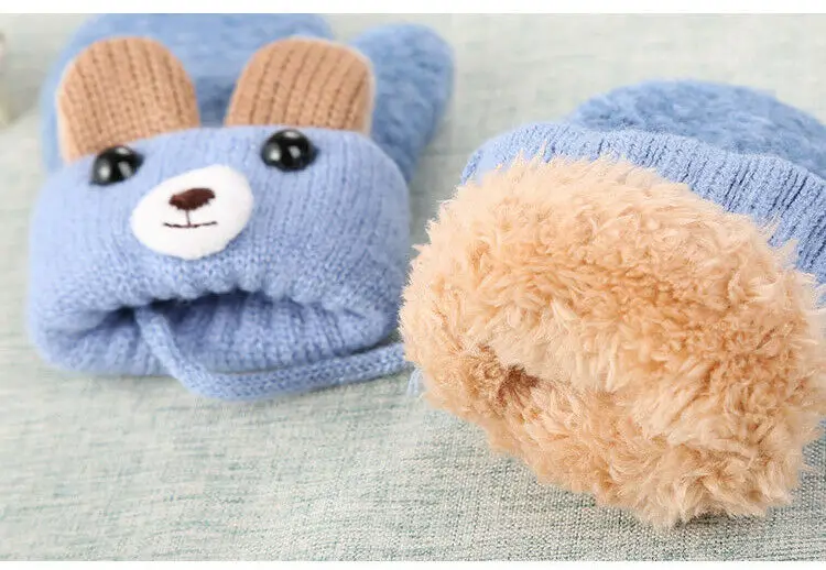 New Winter Warm Toddlers Baby Boy Girls Kids Thick Fur Cartoon Bear Gloves Mittens