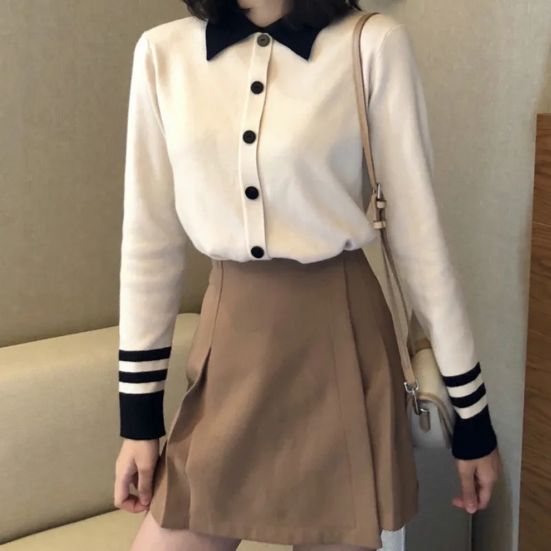 Autumn/winter Sweaters Stripe Long Sleeve Knit Cardigan Casual White Black Khaki Slim Sweater Women's Sweater Bottom Top Female